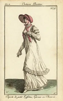 Carle Vernet Prints: Woman in walking dress trimmed with lace, Paris, 1803