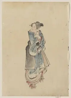 A woman walking to the right, full-length portrait, facing l
