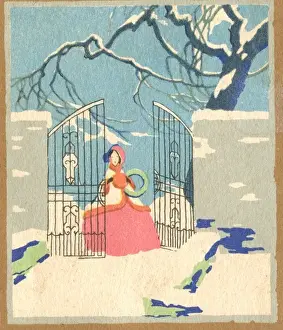 Wintry Prints: Woman walking in snowy scene