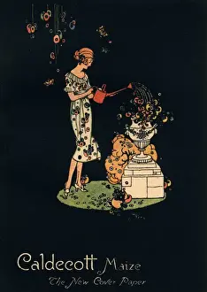 Cans Prints: A woman watering her flowers with a watering can
