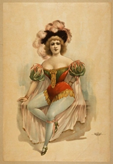 Woman wearing brief costume, blue tights, pink cape with fea