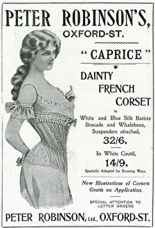 Corsets Prints: Woman wearing a dainty French corset with white and blue silk batiste