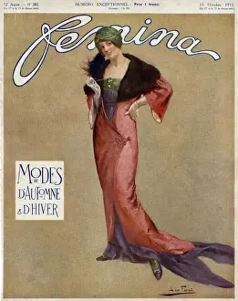 Tunic Prints: Woman wearing evening dress with flowing fishtail train 1912