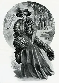 Woman wearing feather boa and muff 1907