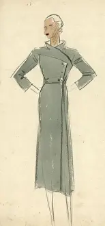 Dryden Prints: Woman wearing grey wrap-around coat 1930