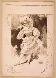 Skirted Collection: Woman wearing large hat and short skirted dress, holding up
