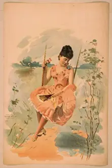 Woman wearing pink dress, holding fan, and sitting on swing