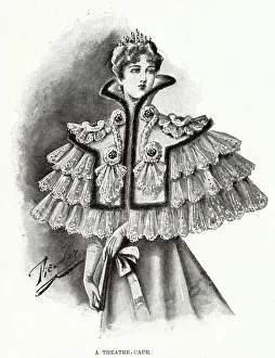 Woman wearing a white old point lace cape with collar, with choux of pale green and pale blue velvet. Date: 1896
