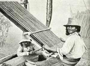 Weaver Collection: Woman weaving on a frame, Ecuador, South America
