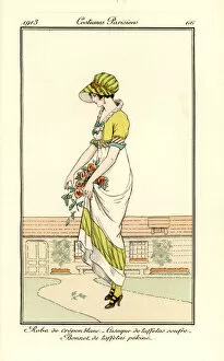 Antongini Collection: Woman in white crepon dress with taffeta jacket and hat