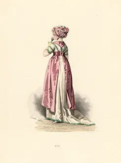 Woman in white dress and corsage with green trim, pink apron Woman in white dress and corsage with green trim, pink apron