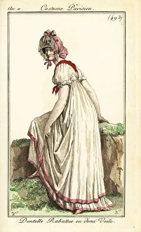Carle Vernet Prints: Woman in white dress with pink border, 1803
