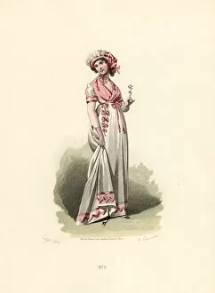 Images Dated 7th May 2019: Woman in white dress, pink fichu and corsage