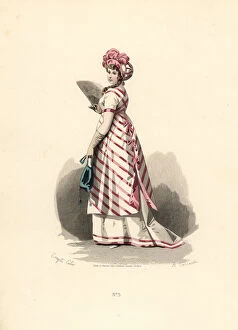 Woman in white dress with pink trim, striped apron