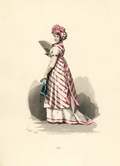 Directoire Prints: Woman in white dress with pink trim, striped apron