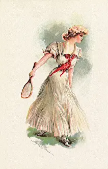 Recreation Prints: Woman in white dress and red scarf with tennis racquet Date: 1905