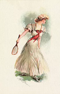 Images Dated 26th August 2020: Woman in white dress and red scarf with tennis racquet Date: 1905