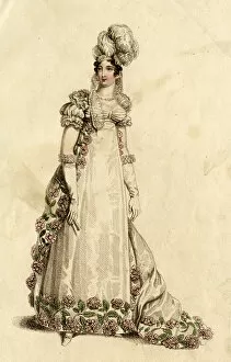 Assemblee Collection: Woman in a white dress trimmed with flowers