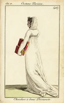Philibert Louis Debucourt Prints: Woman in white dress with veil over half her hair, Paris, 1802