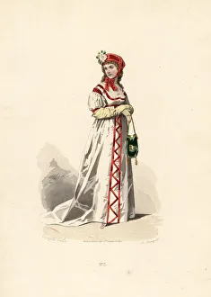Directoire Prints: Woman in white dress with velvet design