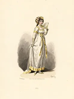 Directoire Prints: Woman in white dress with yellow trim with fan