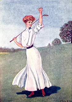 Pictures Now Prints: Woman in white holding up tiny golf ball of the golf course Date: 1905