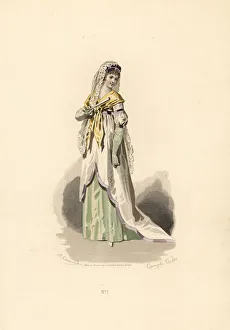 Directoire Prints: Woman in white tunic dress trimmed with lilac velvet