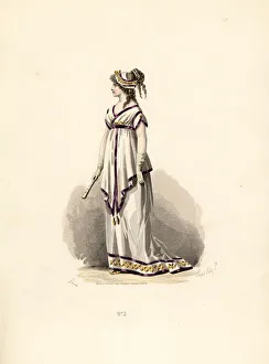 Woman in white tunic dress trimmed with lilac velvet