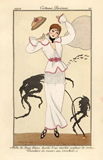 Orientalism Collection: Woman in white wool dress with pink trim losing her hat