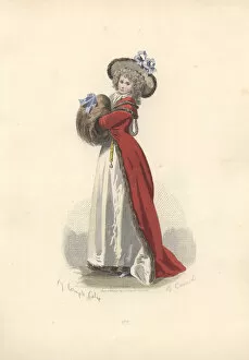 Compte Collection: Woman in wig and bonnet, long crimson coat