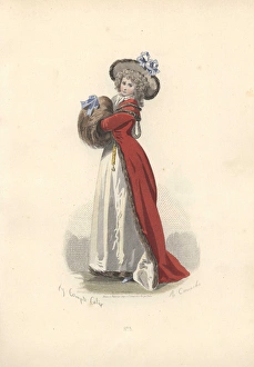 Woman in wig and bonnet, long crimson coat Woman in wig and bonnet, long crimson coat