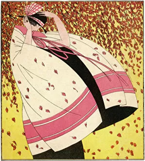 Woman in the wind in Autumn