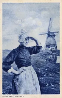 Windmills Prints: Woman and windmill, Volendam, Netherlands