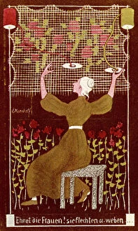 Describes Collection: WOMAN WORKING TAPESTRY