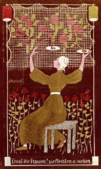 Describes Prints: WOMAN WORKING TAPESTRY