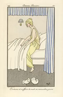 Images Dated 12th April 2019: Woman in yellow chiffon night gown and hat getting into bed
