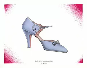 Womans high-heel strap shoe design in blue leather, 1930
