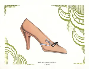 Andre Gallery: Womans shoe design in salmon pink leather with buckle, 1930