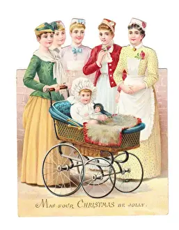 Perambulator Prints: Five women with baby in pram on a cutout Christmas card