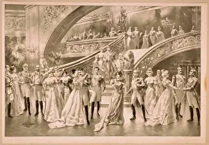 Stair Case Prints: Women in ball gowns and men in military uniforms observing e