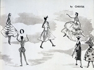 Garments Collection: Women on a beach, illustrating the season's fashions. Date: 1954