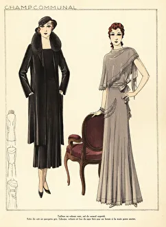 Haute Couture Prints: Women in black suit and grey evening dress by Champcommunal, 193