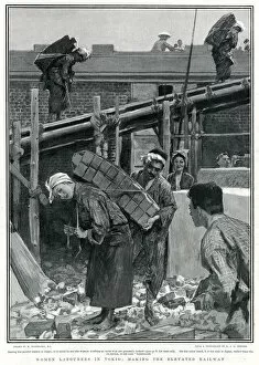 Images Dated 19th July 2019: Women building the elevated railway in Tokyo, October 1904