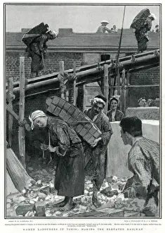 Builder Prints: Women building the elevated railway in Tokyo, October 1904