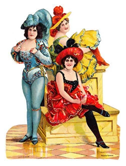 Images Dated 10th November 2015: Three women in burlesque costume on a Victorian scrap
