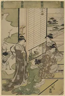 Composing Prints: Four women composing poetry, possibly as a competition, next