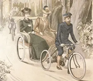 Two women in cycle-drawn carriage