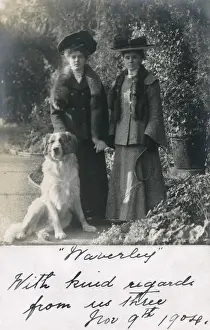 Two women with a dog in a garden