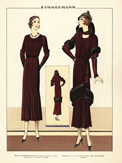 Haute Couture Prints: Women in dress and coat of red wool by Zimmermann, 1931