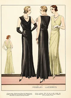 Haute Couture Prints: Women in evening dresses designed by Luceber, 1931